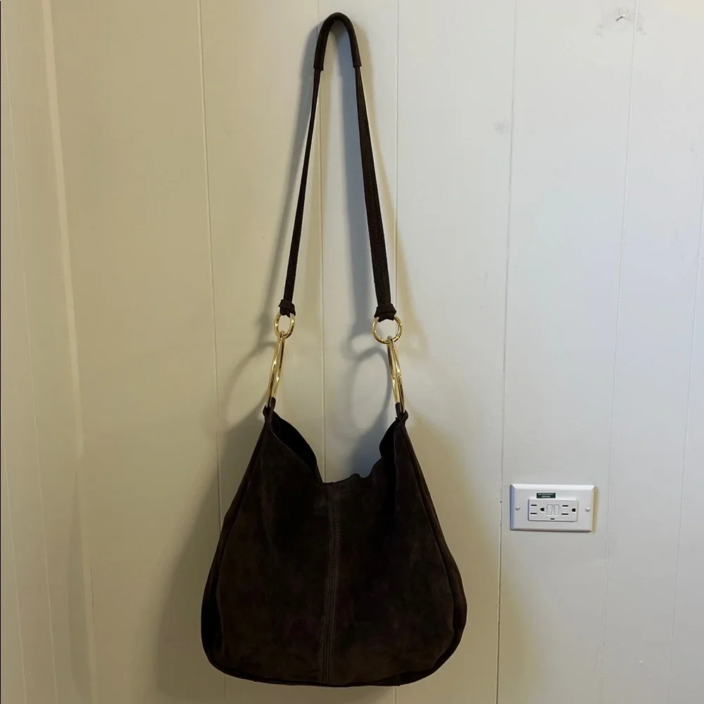 Claudia Firenze Suede Crossbody Slouchy Hobo Tote Bag Chocolate Brown Gold Ring